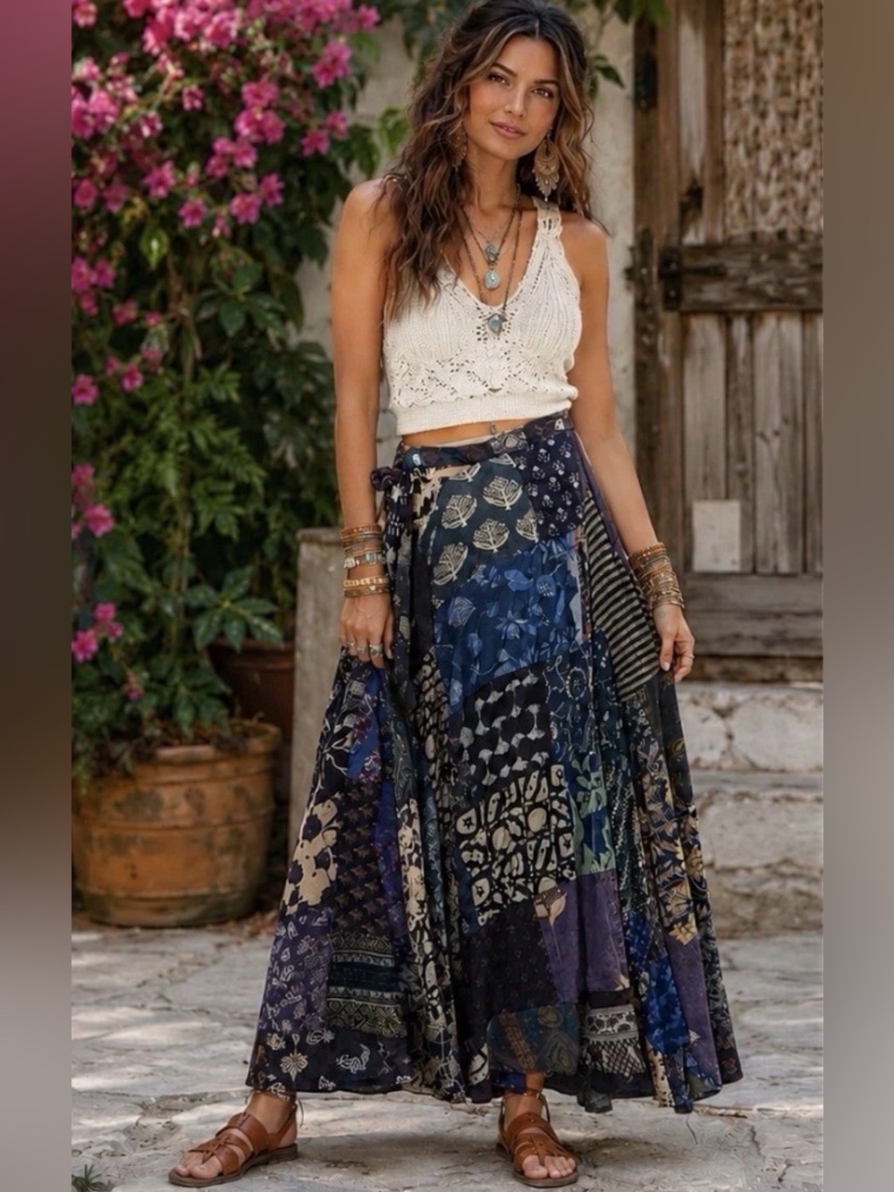 H270 NWT Jaded Gypsy OS Boho Wrap Navy Patchwork Maxi Skirt Floral Panel
